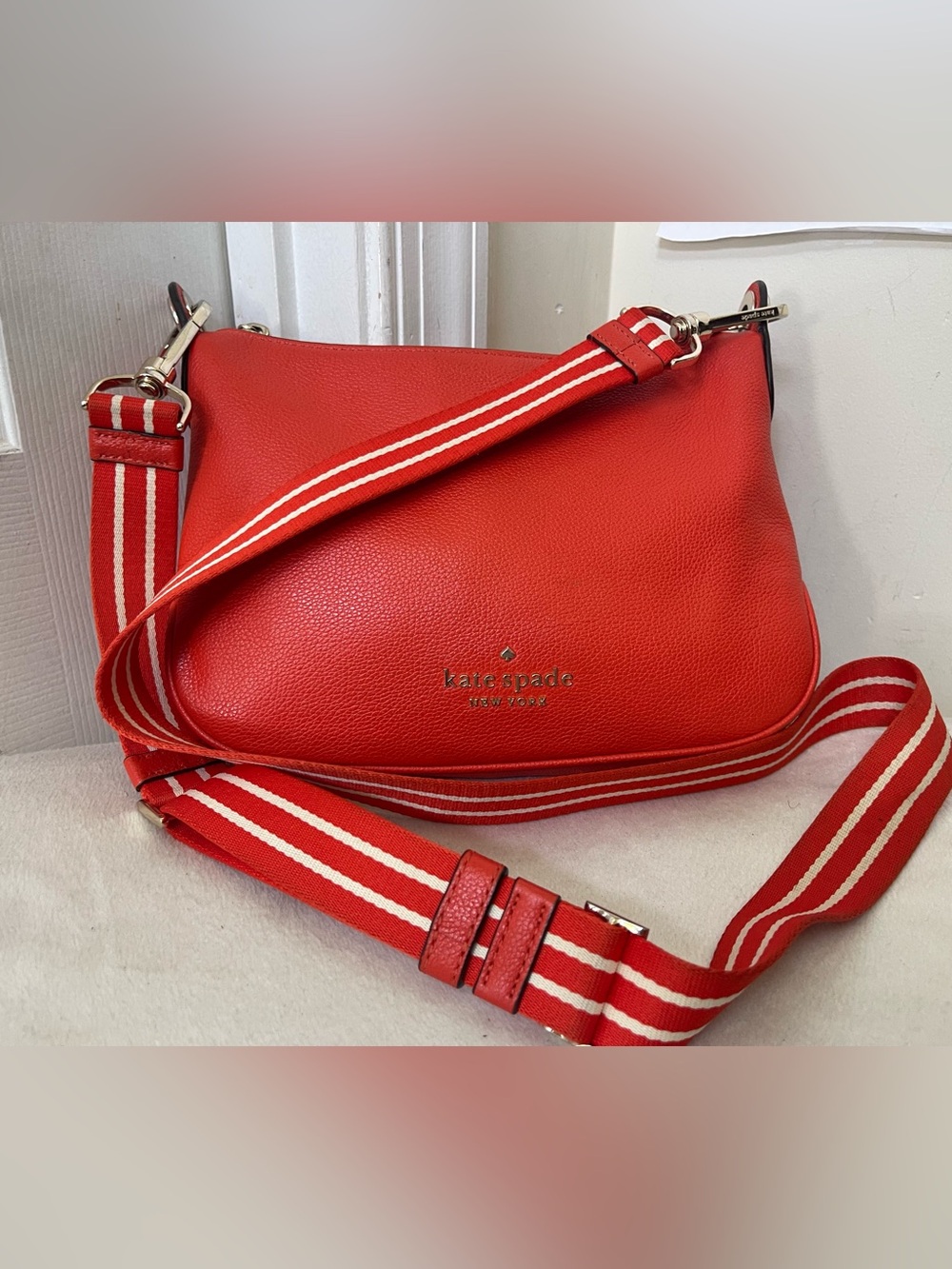 kate spade Red Pebbled Leather Crossbody with Striped Strap - Picture 7 of 11